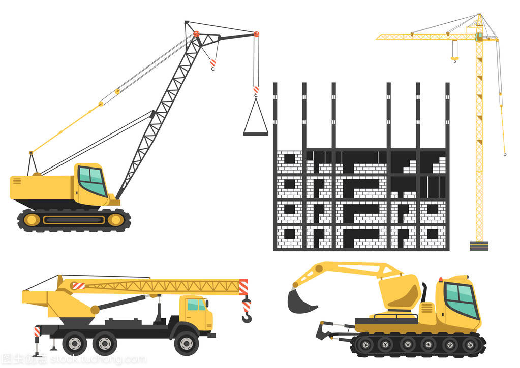 建筑起重機和工程施工現場的機械。顏色矢量圖標集
